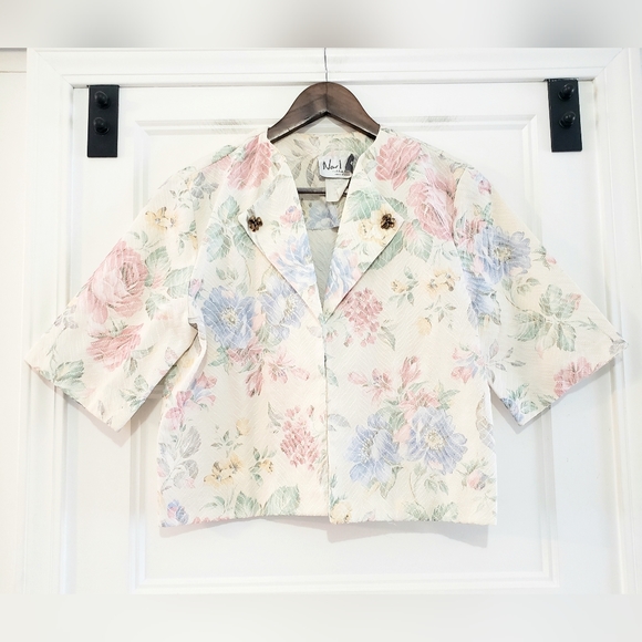 Vtg New Looks Womens 10 Open Front Crop Jacket Top Floral 1/2 Sleeve Blue Mauve - Picture 1 of 10